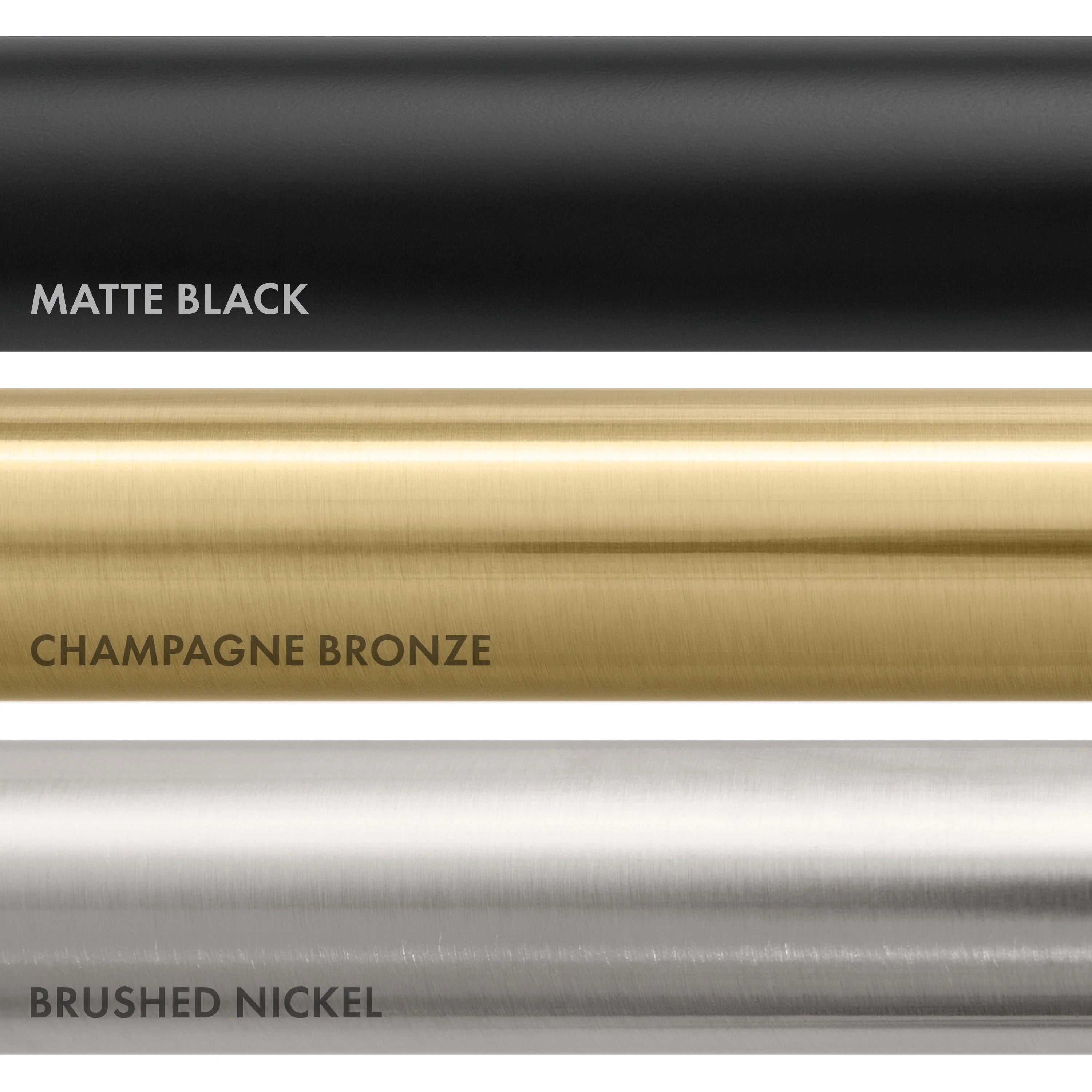 Metal finish samples showing matte black, champagne bronze, and brushed nickel tones