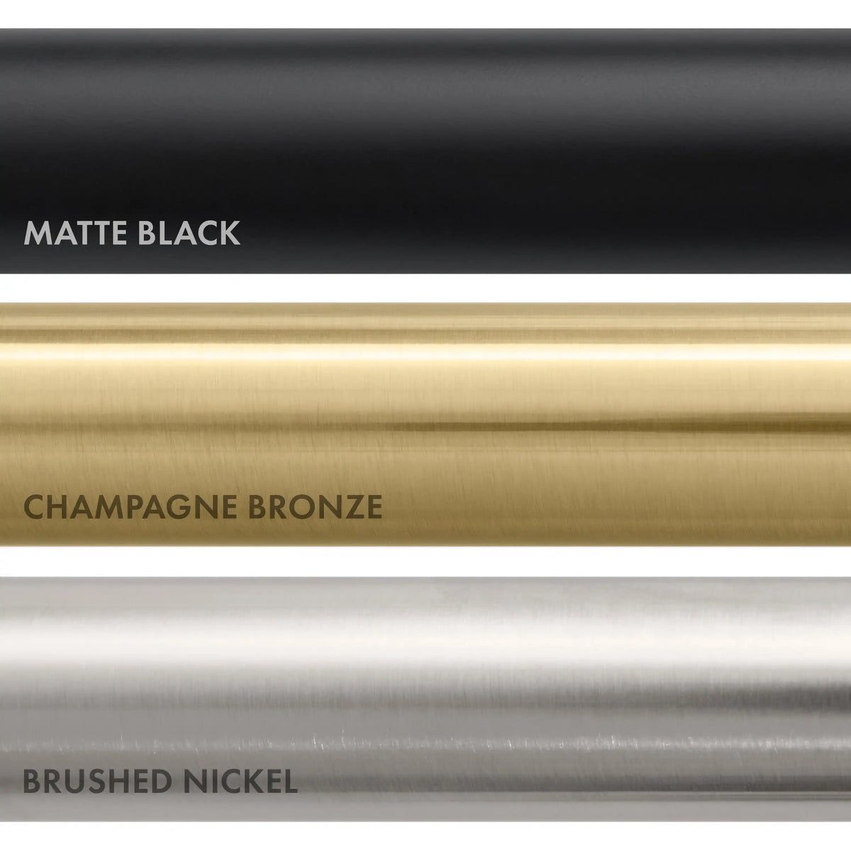 Kitchen faucet finish swatches: matte black, champagne bronze, brushed nickel