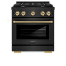 ZLINE 5-Piece Appliance Package - 30-Inch Paramount Dual Fuel Range, Wall Mount Range Hood, 36-Inch French Door Refrigerator, Dishwasher, and 30-Inch Microwave Drawer in Black Stainless Steel with Champagne Bronze Accents