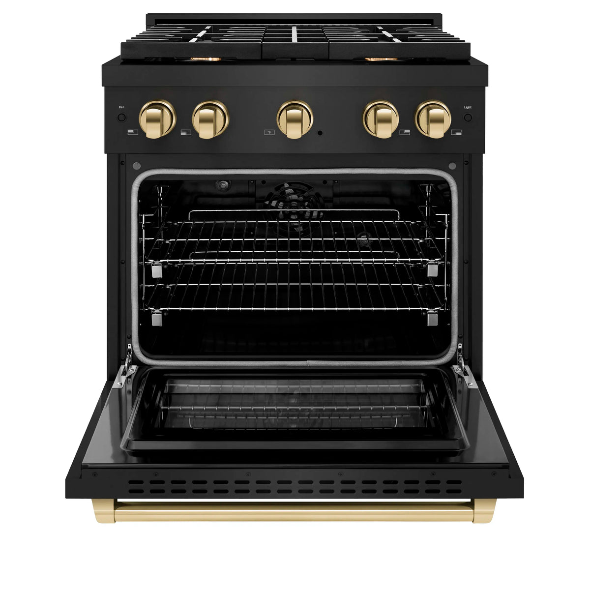 Black range with oven door open, showing rack and interior cavity with burner controls