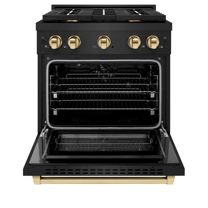 ZLINE Autograph Edition 30-Inch 4.2 cu. ft. Paramount Dual Fuel Range with 4 Burner Gas Cooktop and Electric Convection Oven in Black Stainless Steel with Polished Gold Accents (SDRBZ-30-G)