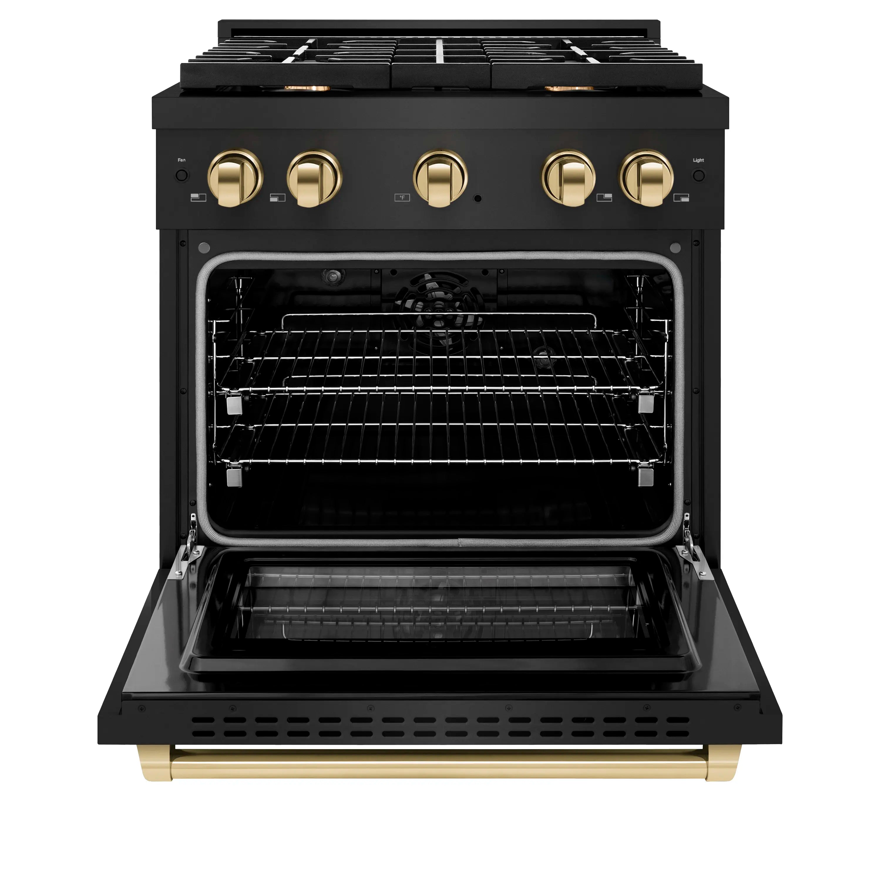 Black dual fuel oven with open door, interior racks, and gold accents