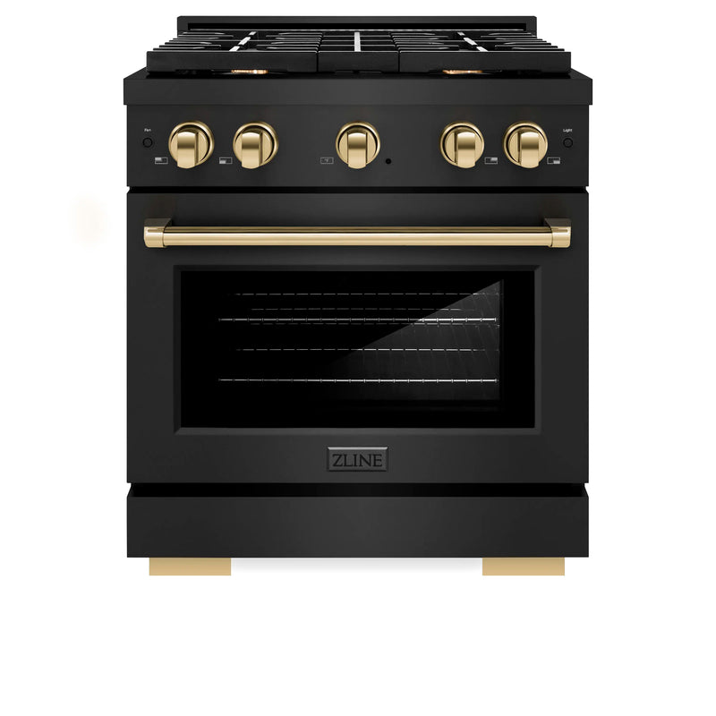 ZLINE Autograph Edition 30-Inch 4.2 cu. ft. Paramount Dual Fuel Range with 4 Burner Gas Cooktop and Electric Convection Oven in Black Stainless Steel with Polished Gold Accents (SDRBZ-30-G)