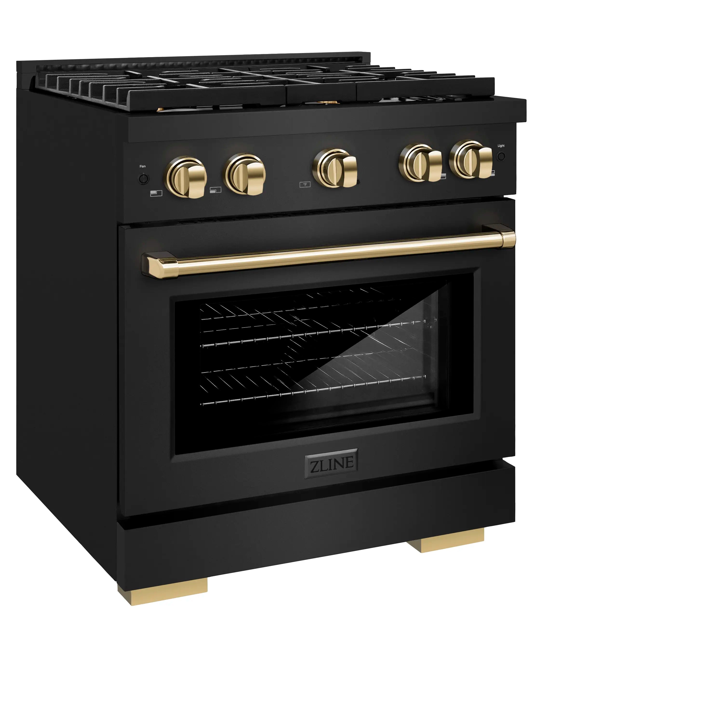 Black dual fuel range with gold oven handle and control knobs, shown at an angle