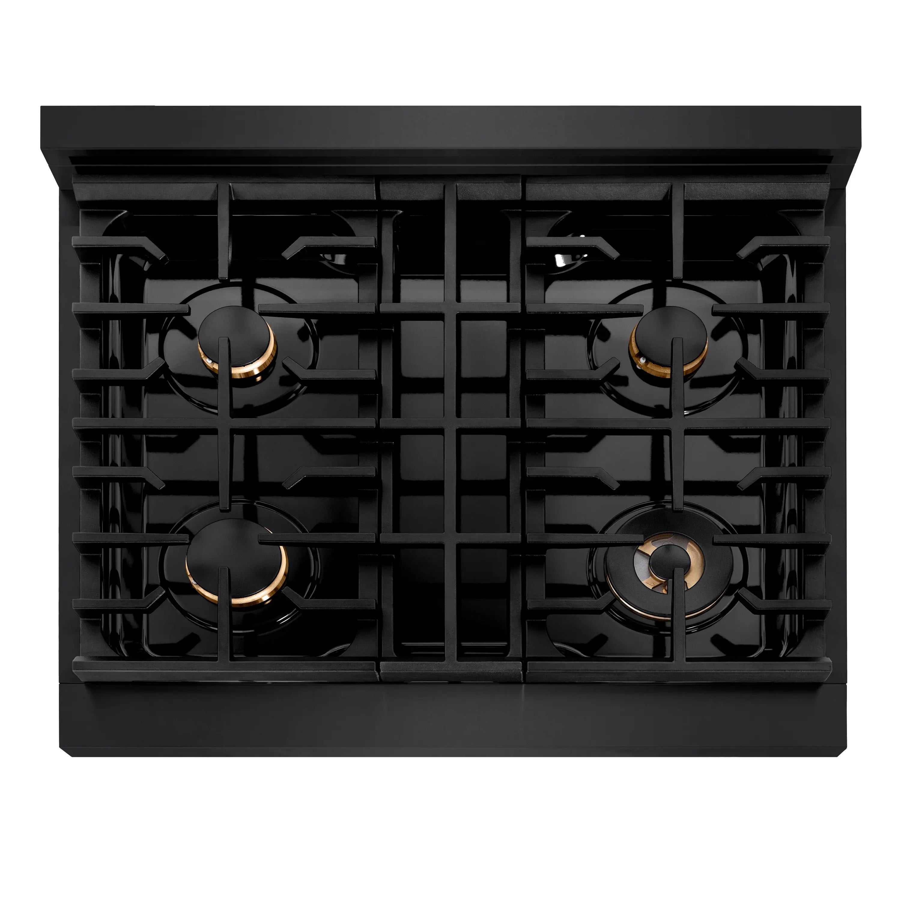 Black cooktop with five gas burners and gold burner caps
