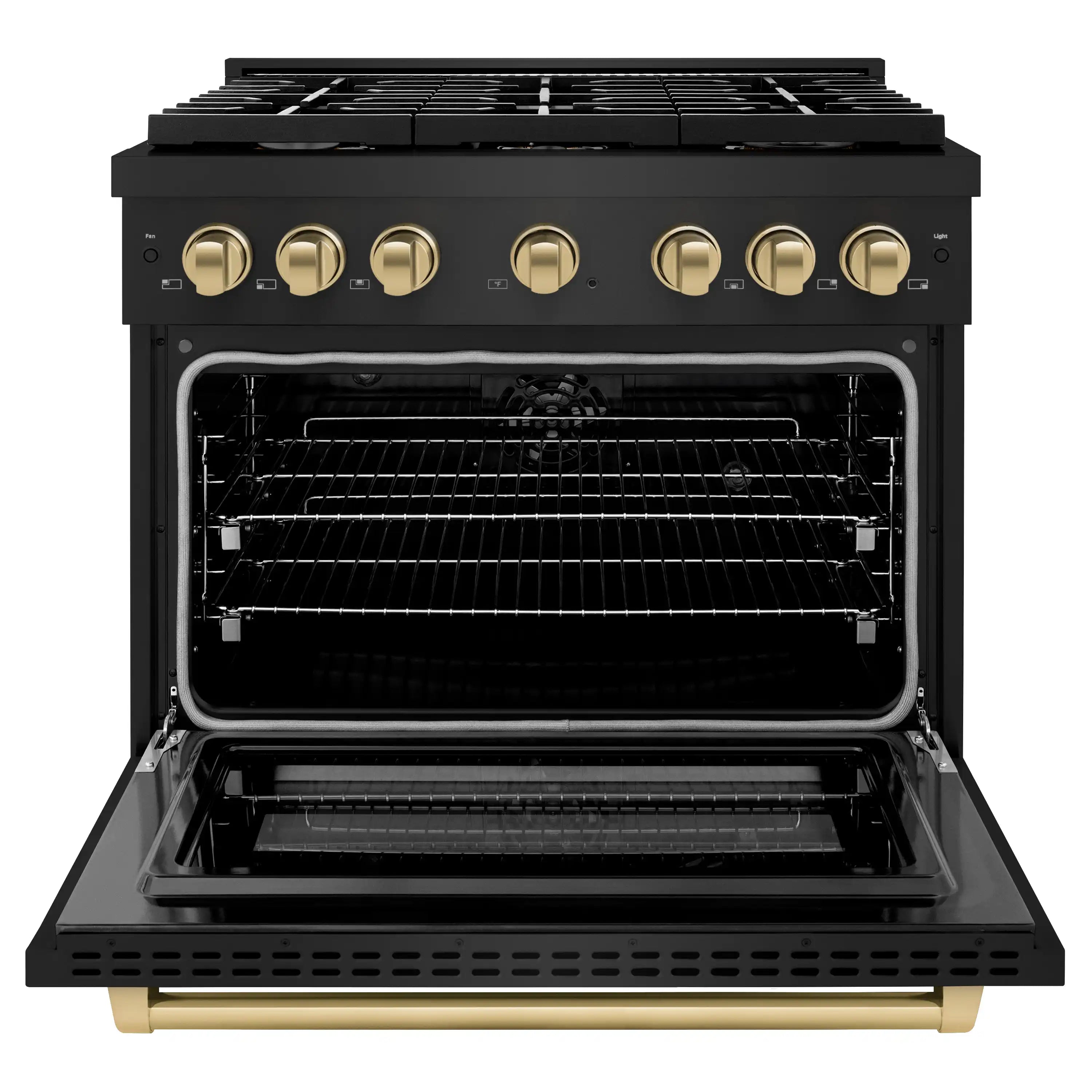 Black dual fuel range with open oven and racks inside