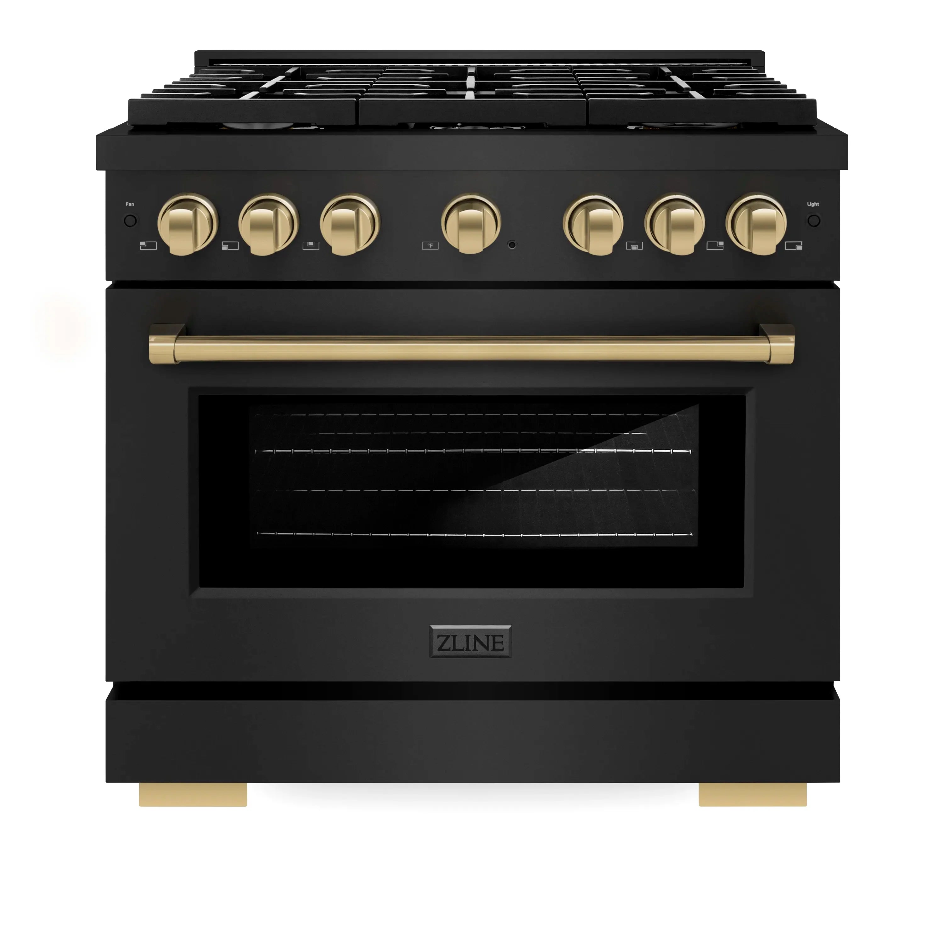 Black dual fuel range with gold control knobs and oven door