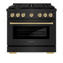 ZLINE 4-Piece Appliance Package - 36-Inch Paramount Dual Fuel Range, Wall Mount Range Hood, 36-Inch French Door Refrigerator, Dishwasher, in Black Stainless Steel with Champagne Bronze Accents