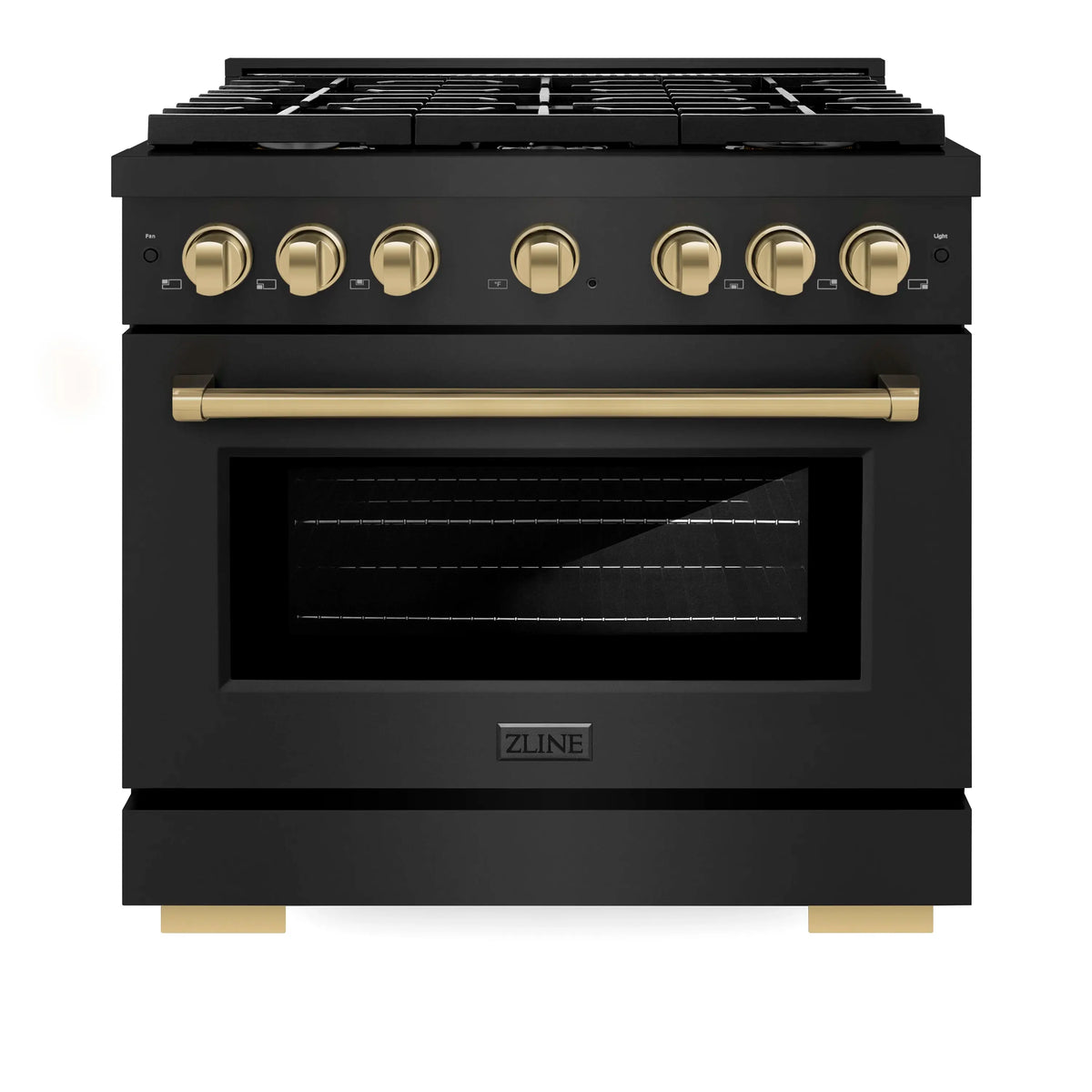 ZLINE 4-Piece Appliance Package - 36-Inch Paramount Dual Fuel Range, Refrigerator with Water Dispenser, Dishwasher, and 24-Inch Microwave Drawer in Black Stainless Steel with Champagne Bronze Accents