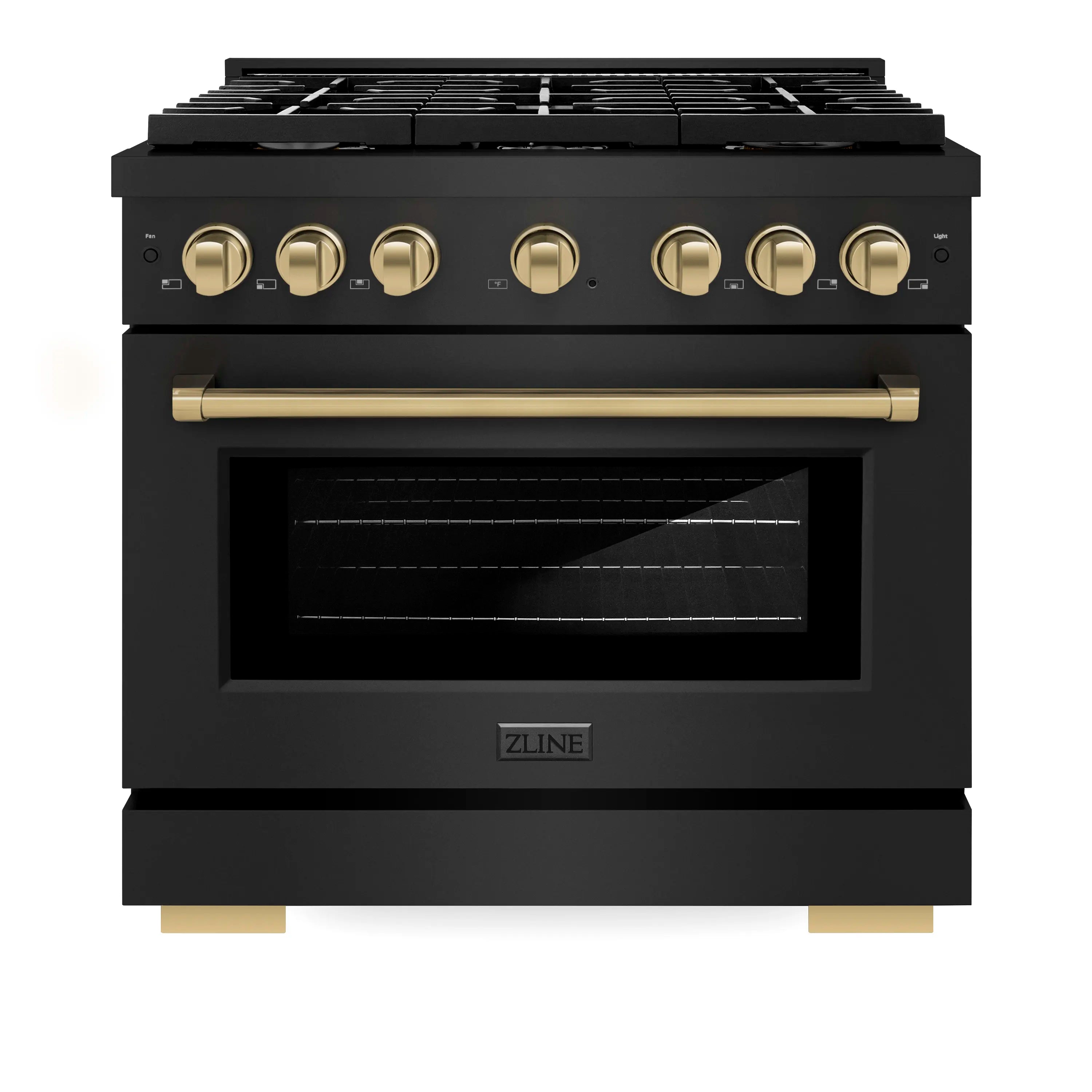 Black stainless range front with champagne bronze control knobs and oven door handle
