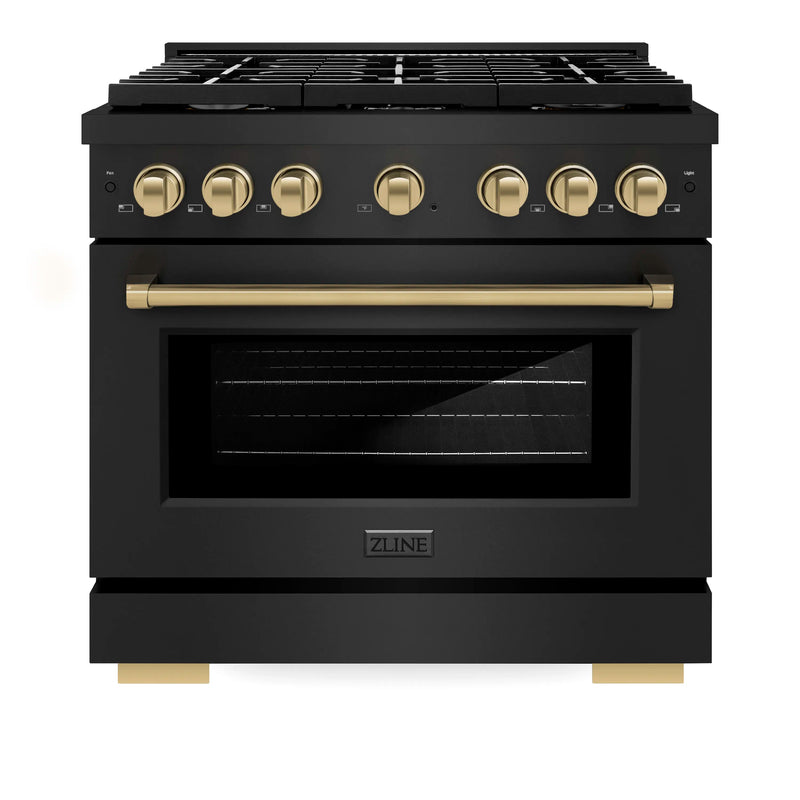 ZLINE Autograph Edition 36-Inch 5.2 cu. ft. Paramount Dual Fuel Range with 6 Burner Gas Cooktop and Electric Convection Oven in Black Stainless Steel with Champagne Bronze Accents (SDRBZ-36-CB)