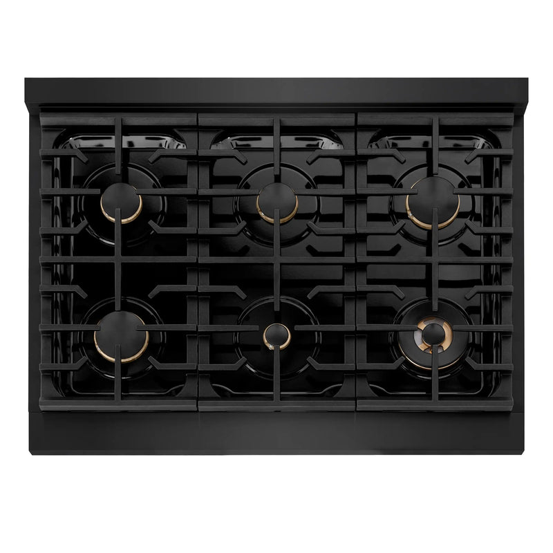 ZLINE Autograph Edition 36-Inch 5.2 cu. ft. Paramount Dual Fuel Range with 6 Burner Gas Cooktop and Electric Convection Oven in Black Stainless Steel with Champagne Bronze Accents (SDRBZ-36-CB)