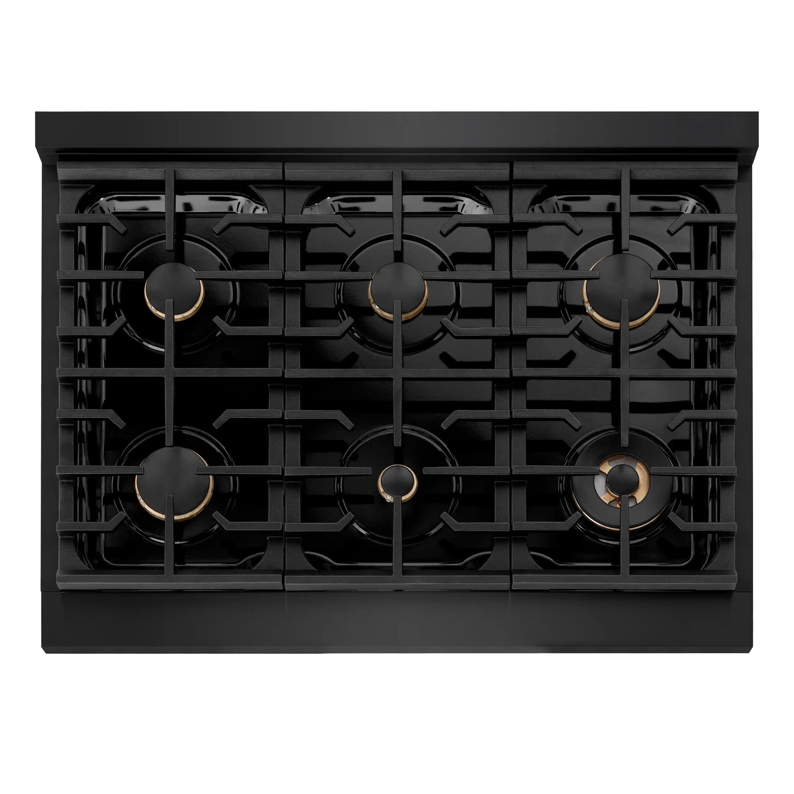 Black gas cooktop with five burner grates and brass-ring burner caps