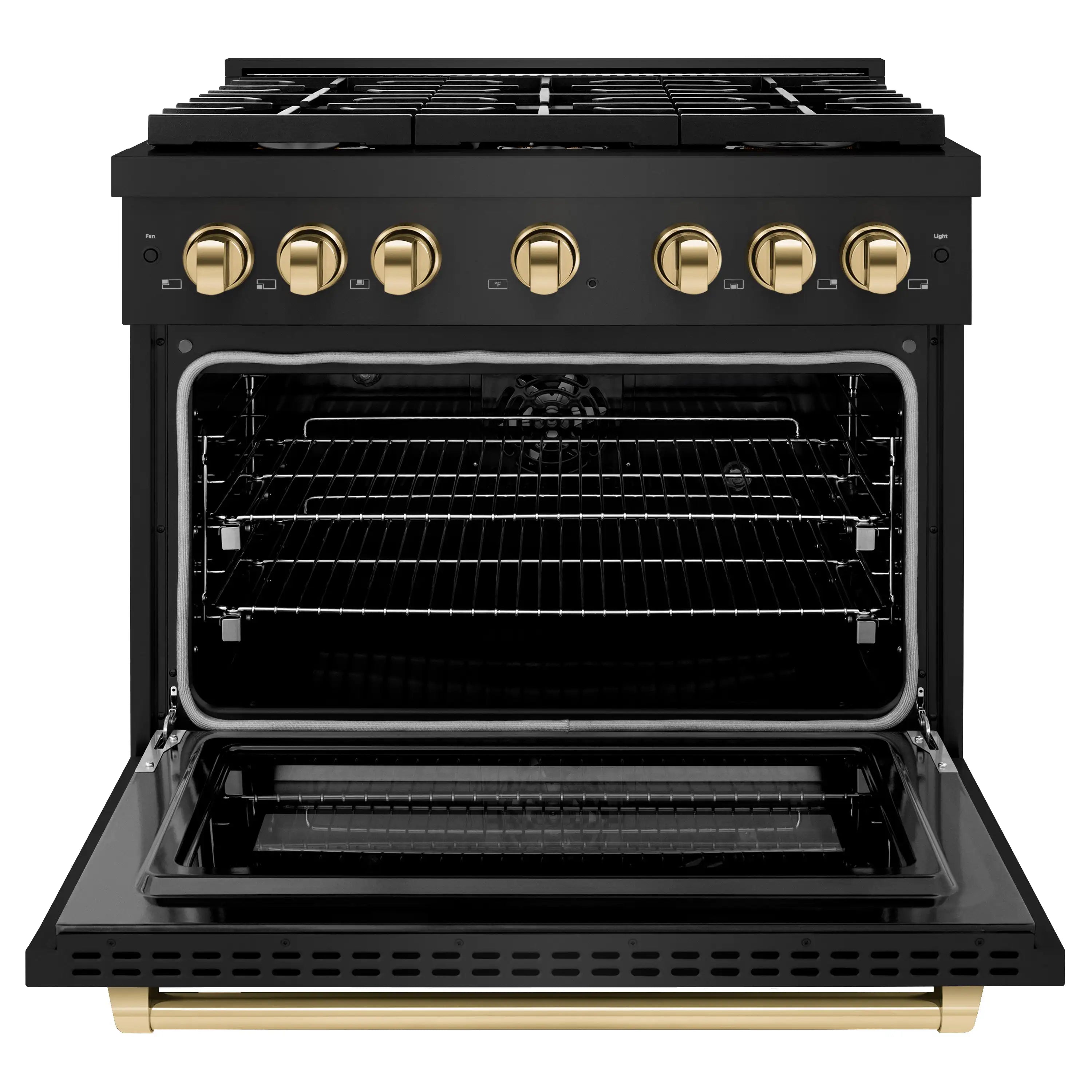 Open black oven door of a dual fuel range with racks inside and gold accent trim