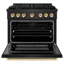 ZLINE 5-Piece Appliance Package - 36-Inch Paramount Dual Fuel Range, Wall Mount Range Hood, 36-Inch French Door Refrigerator, Dishwasher, and 30-Inch Microwave Drawer in Black Stainless Steel with Gold Accents