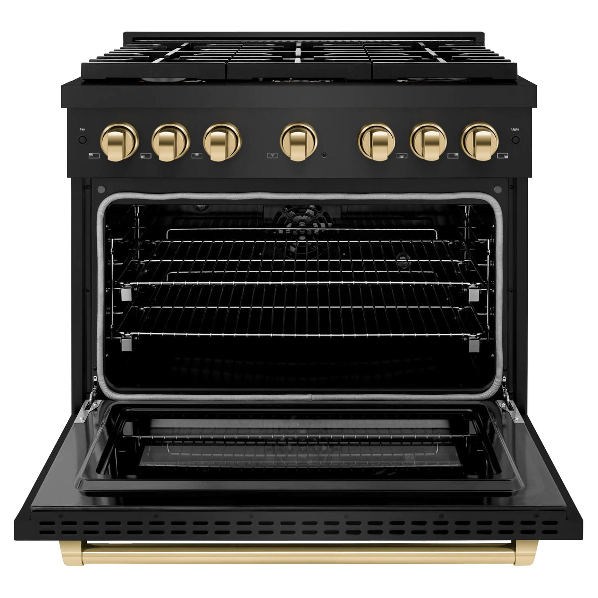 ZLINE Autograph Edition 36-Inch 5.2 cu. ft. Paramount Dual Fuel Range with 6 Burner Gas Cooktop and Electric Convection Oven in Black Stainless Steel with Polished Gold Accents (SDRBZ-36-G)