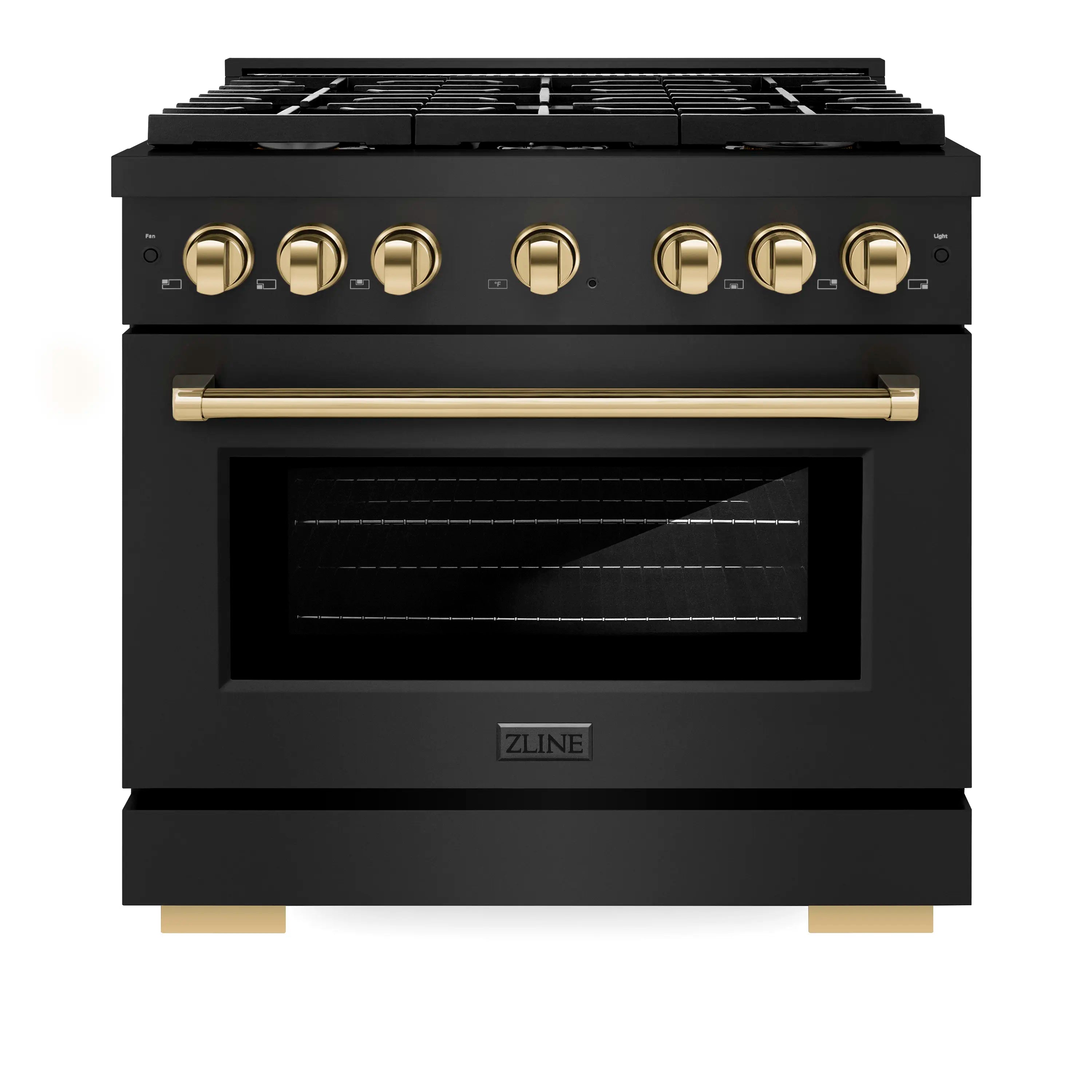 Black range with closed oven door, gold handle, and row of gold control knobs