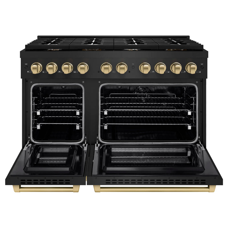 ZLINE Autograph Edition 48-Inch 6.7 cu. ft. Paramount Double Oven Dual Fuel Range with 8 Burner Gas Cooktop in Black Stainless Steel and Champagne Bronze Accents (SDRBZ-48-CB)