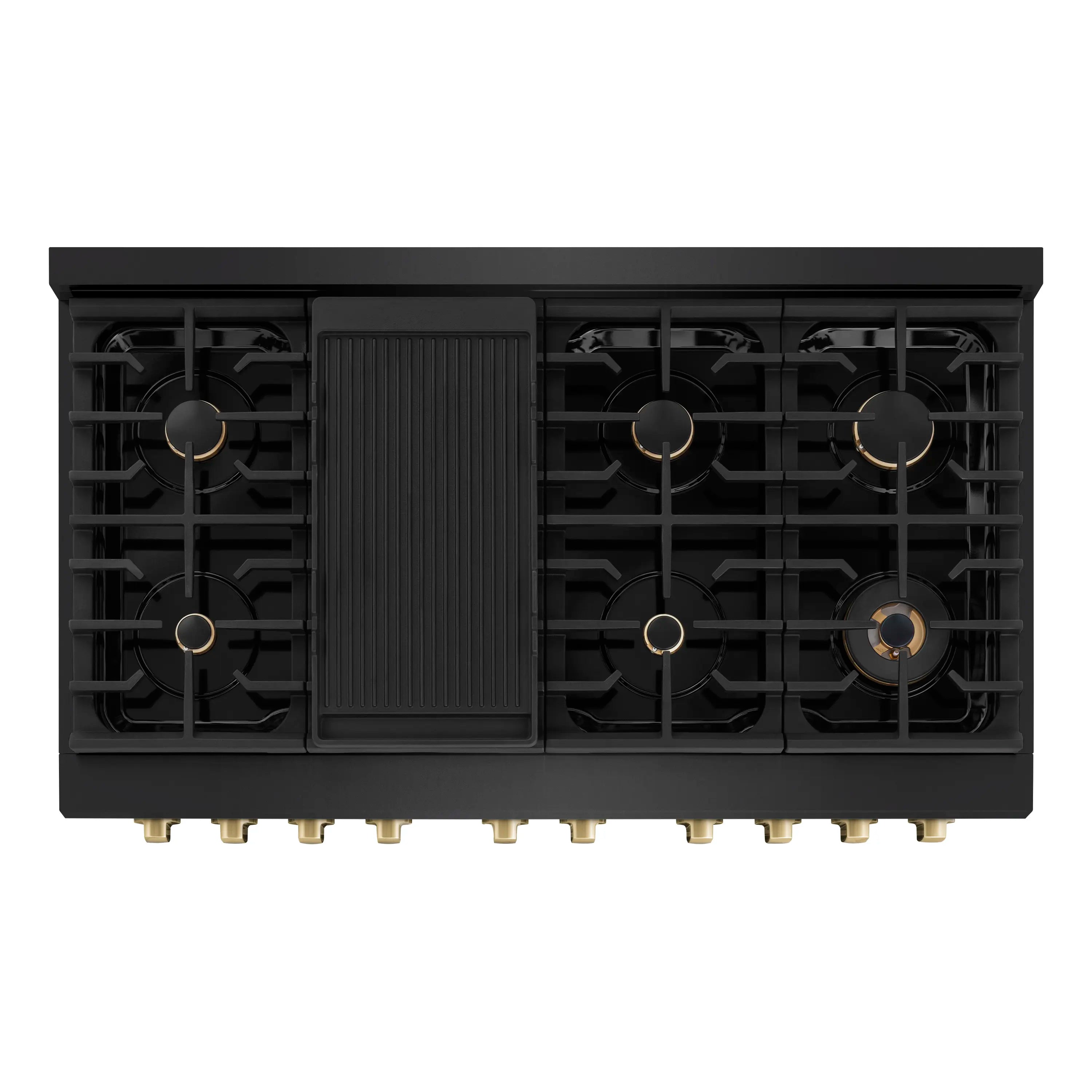 Black gas cooktop with five burners and champagne bronze accents