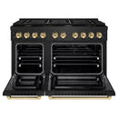 ZLINE 5-Piece Appliance Package - 48-Inch Paramount Dual Fuel Range, Wall Mount Range Hood, 36-Inch French Door Refrigerator, Dishwasher, and 30-Inch Microwave Drawer in Black Stainless Steel with Gold Accents