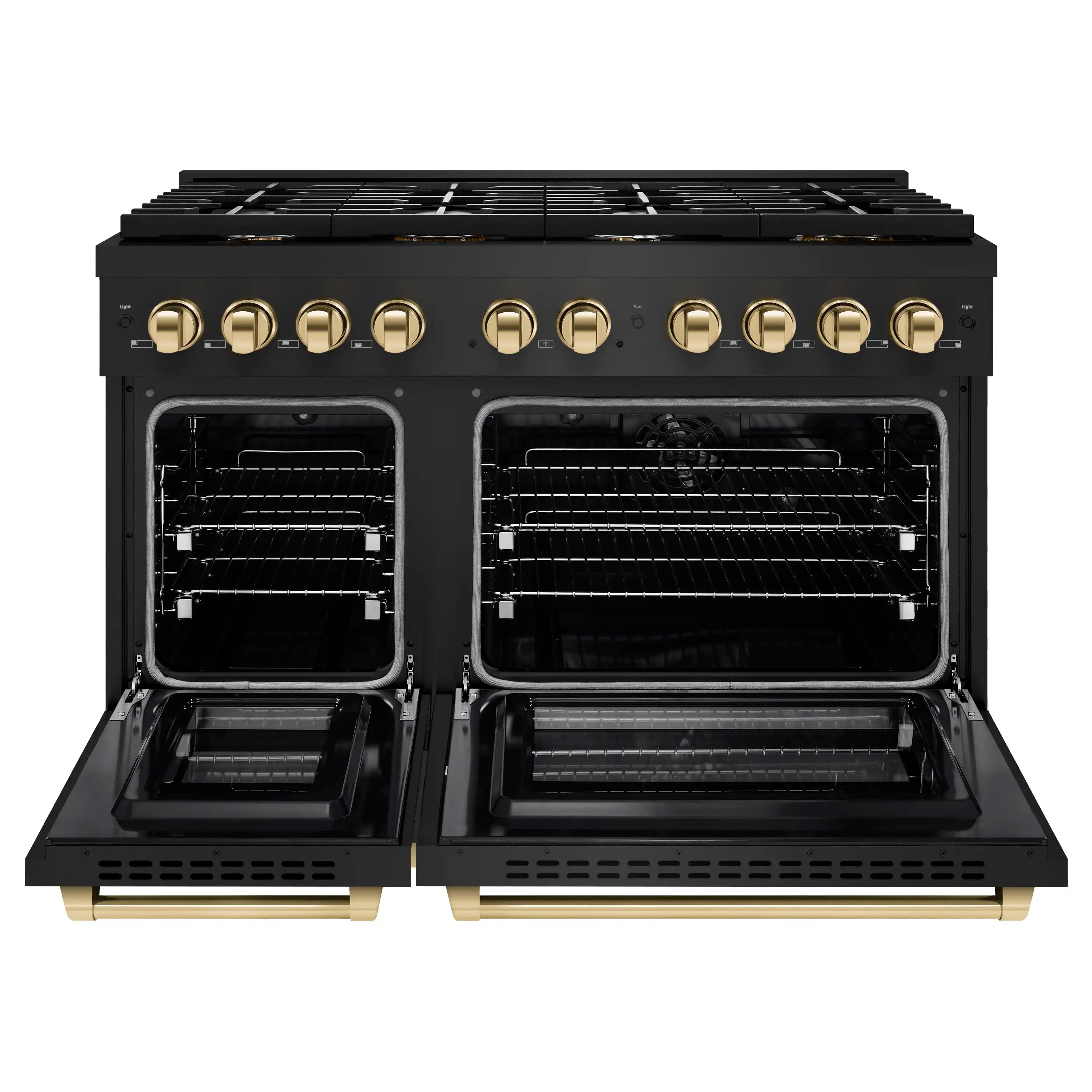 Black dual fuel range with two open ovens and gold accent oven handles