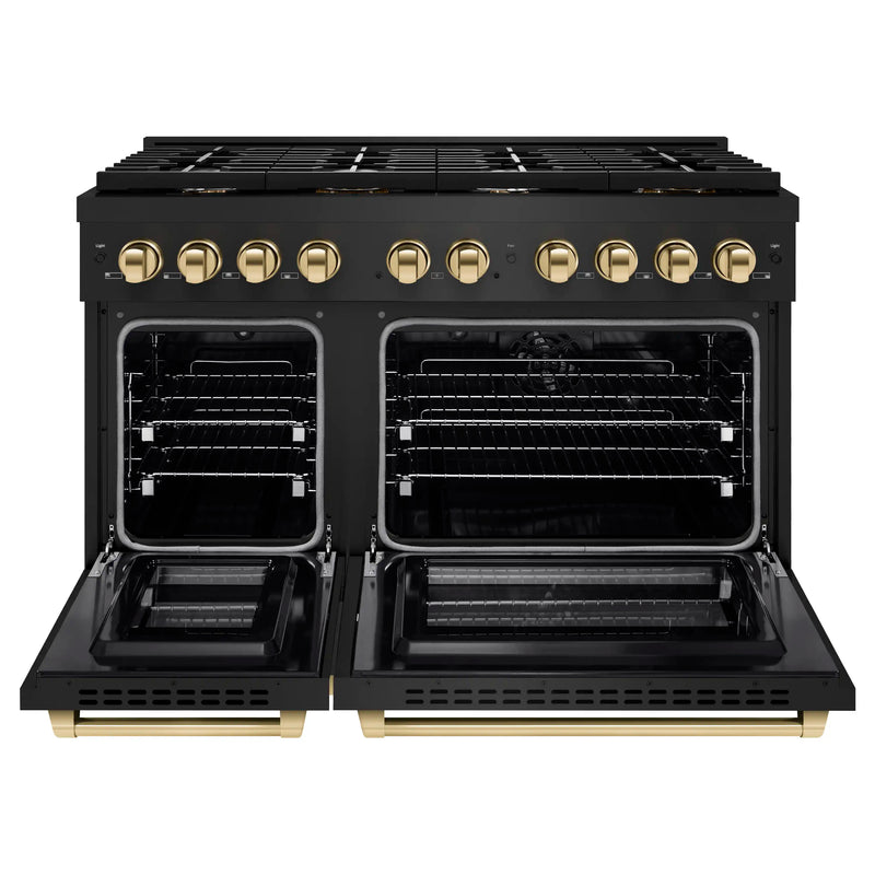 ZLINE Autograph Edition 48-Inch 6.7 cu. ft. Paramount Double Oven Dual Fuel Range with 8 Burner Gas Cooktop in Black Stainless Steel and Polished Gold Accents (SDRBZ-48-G)