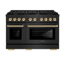 ZLINE 5-Piece Appliance Package - 48-Inch Paramount Dual Fuel Range, Wall Mount Range Hood, 36-Inch French Door Refrigerator with Water Dispenser, Dishwasher, and 30-Inch Microwave Drawer in Black Stainless Steel with Gold Accents