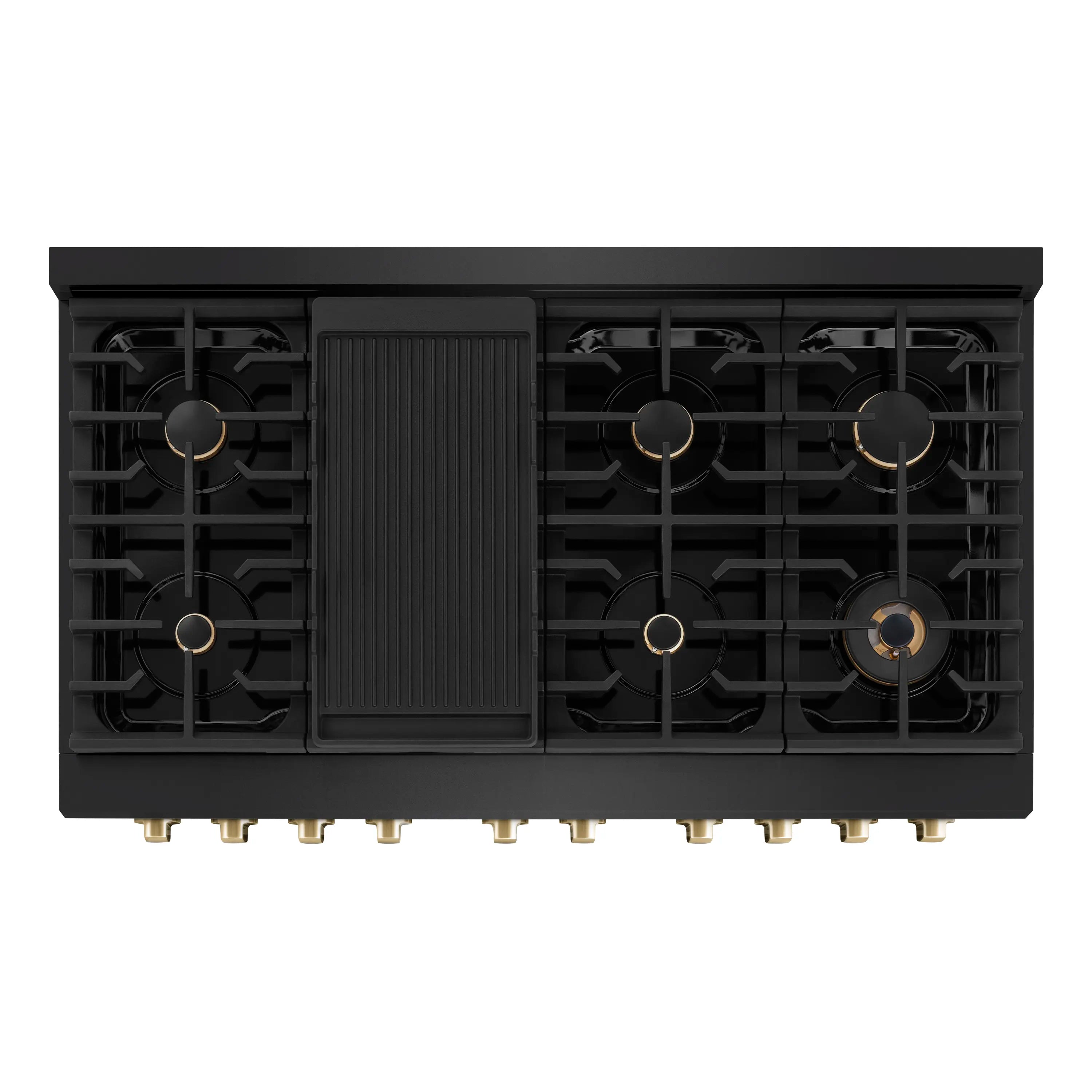 Black dual fuel cooktop with burner grates and recessed gold burner controls