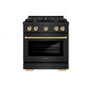 ZLINE 5-Piece Appliance Package - 30-Inch Paramount Gas Range, Wall Mount Range Hood, 36-Inch French Door Refrigerator, Dishwasher, and 30-Inch Microwave Drawer in Black Stainless Steel with Champagne Bronze Accents
