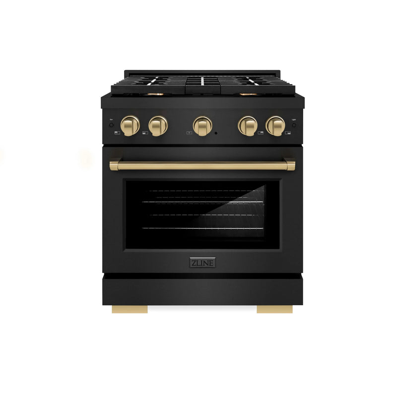 ZLINE Autograph Edition 30-Inch Gas Range with 4 Gas Burners and 4.2 cu. ft. Convection Gas Oven in Black Stainless Steel and Champagne Bronze Accents (SGRBZ-30-CB)
