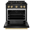 ZLINE 5-Piece Appliance Package - 30-Inch Paramount Gas Range, Wall Mount Range Hood, 36-Inch French Door Refrigerator, Dishwasher, and 30-Inch Microwave Drawer in Black Stainless Steel with Champagne Bronze Accents