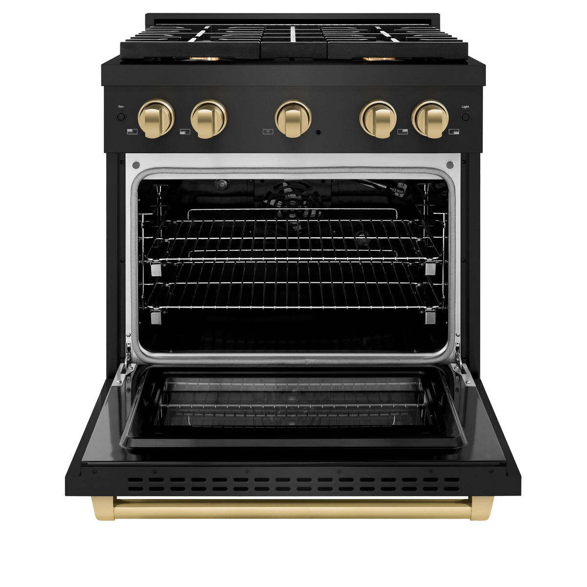 Black gas range with oven door open, wire racks inside, champagne bronze handle bar.