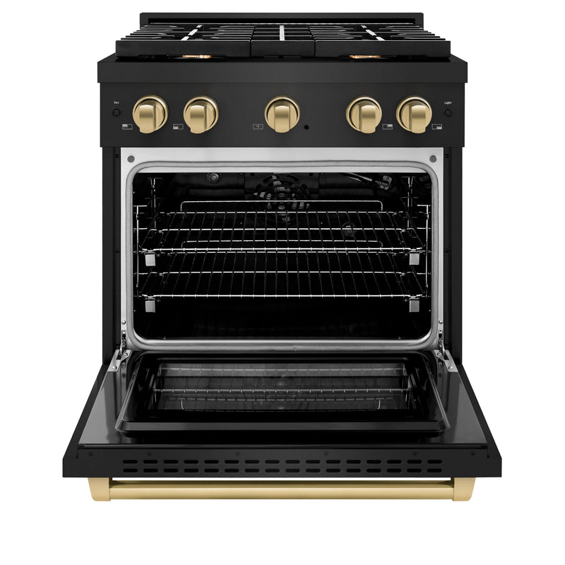 ZLINE Autograph Edition 4-Piece Appliance Package - 30-Inch Gas Range, Refrigerator, Wall Mounted Range Hood, & 24-Inch Tall Tub Dishwasher in Black Stainless Steel with Champagne Bronze Trim (4AKPR-RGBRHDWV30-CB)