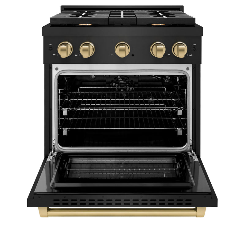 ZLINE Autograph Edition 3-Piece Appliance Package - 30-Inch Gas Range, Wall Mounted Range Hood, & 24-Inch Tall Tub Dishwasher in Black Stainless Steel with Champagne Bronze Trim (3AKP-RGBRHDWV30-CB)