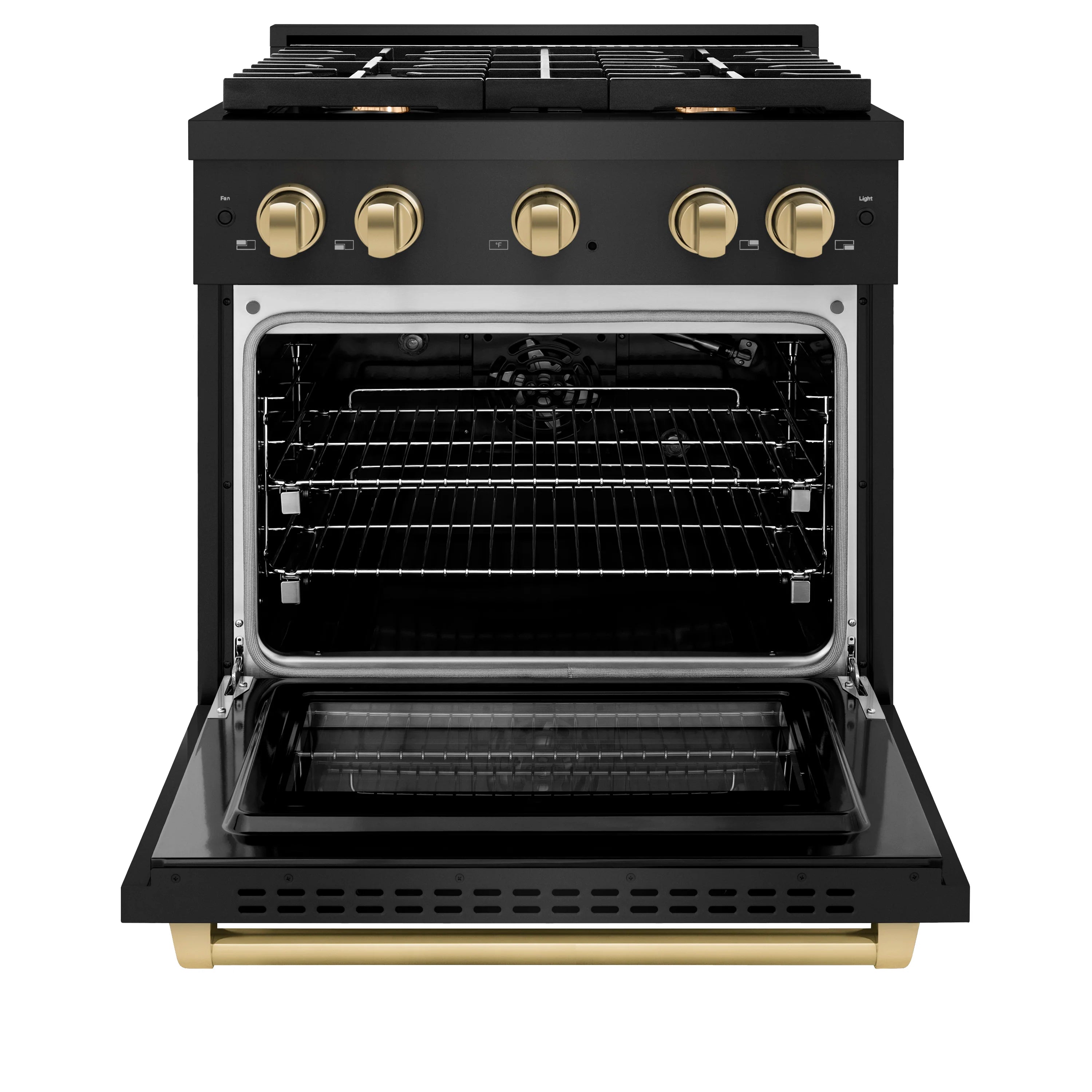 Black gas range with oven door open, interior racks, and champagne bronze trim