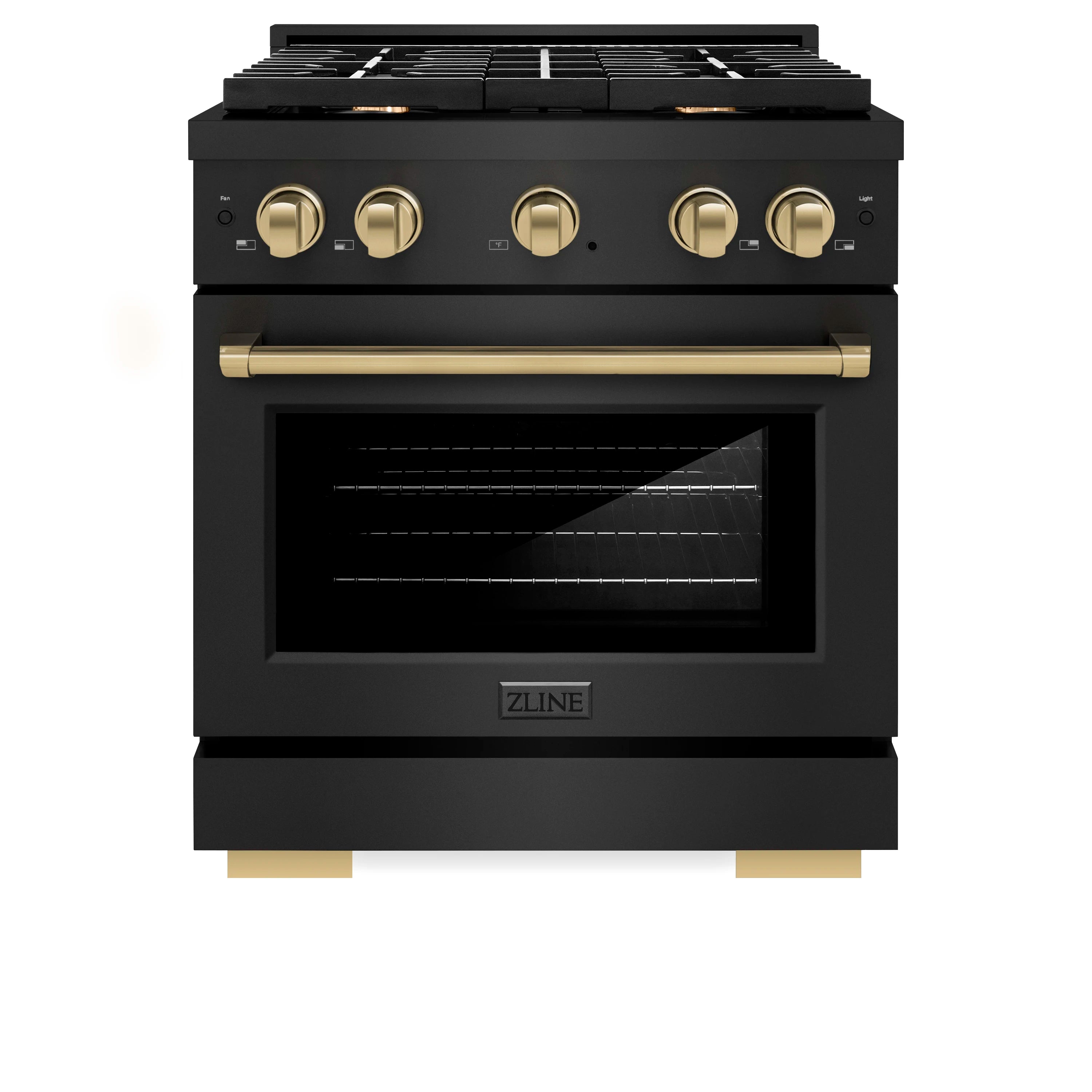 Black gas range with champagne bronze control knobs and oven handle