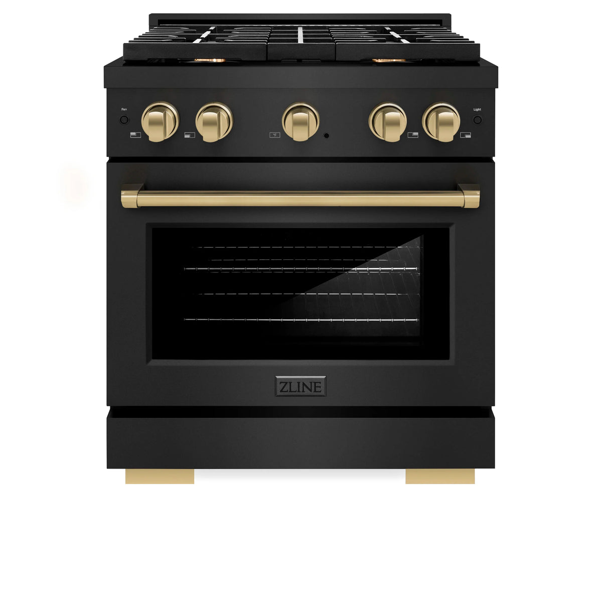 ZLINE 4-Piece Appliance Package - 30-Inch Paramount Gas Range, Refrigerator, Dishwasher, and 24-Inch Microwave Drawer in Black Stainless Steel with Champagne Bronze Accents