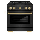 ZLINE 5-Piece Appliance Package - 30-Inch Paramount Gas Range, Wall Mount Range Hood, 36-Inch French Door Refrigerator, Dishwasher, and 30-Inch Microwave Drawer in Black Stainless Steel with Champagne Bronze Accents