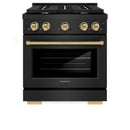 ZLINE Autograph Edition 4-Piece Appliance Package - 30-Inch Gas Range, Refrigerator, Wall Mounted Range Hood, & 24-Inch Tall Tub Dishwasher in Black Stainless Steel with Champagne Bronze Trim (4AKPR-SGRBRHDWV30-CB)