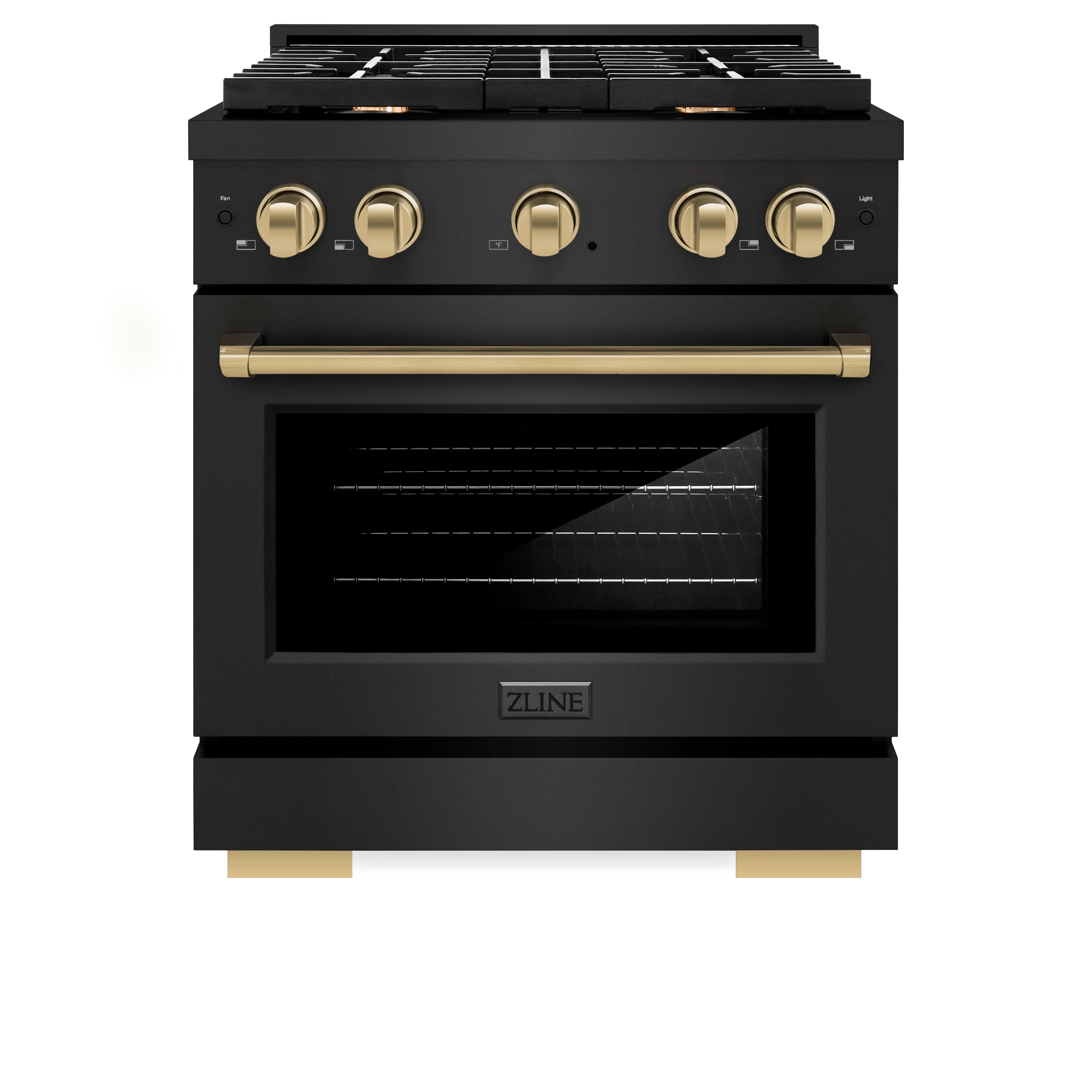 Black gas range oven with champagne bronze control knobs and bar handle