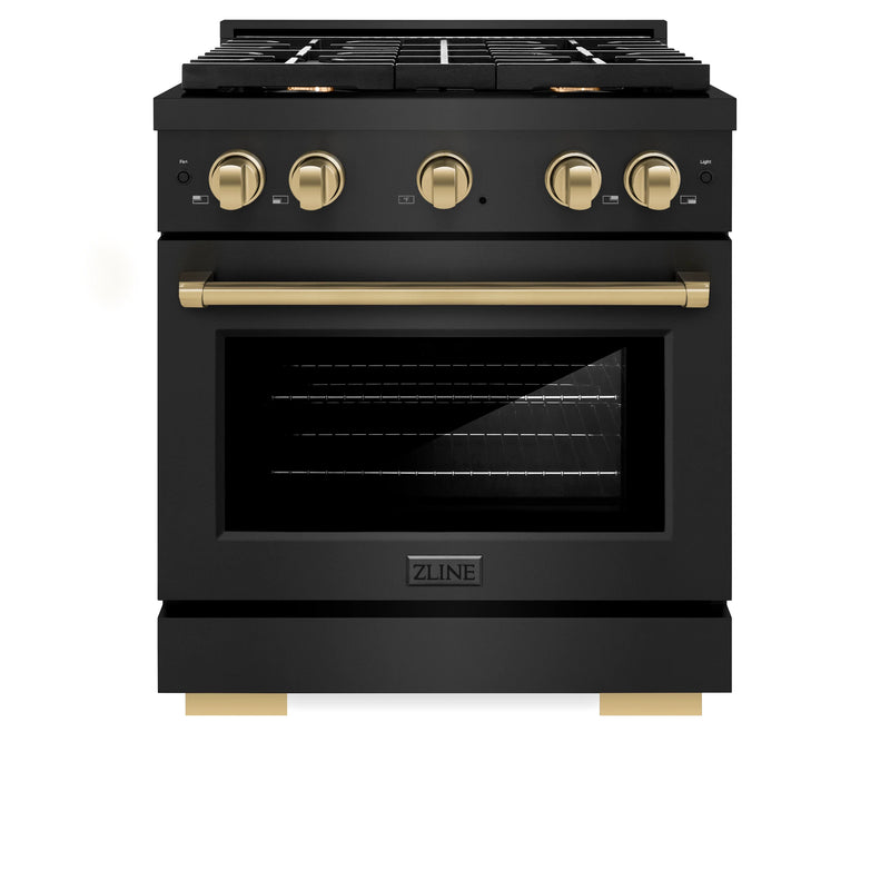 ZLINE Autograph Edition 3-Piece Appliance Package - 30-Inch Gas Range, Wall Mounted Range Hood, & 24-Inch Tall Tub Dishwasher in Black Stainless Steel with Champagne Bronze Trim (3AKP-RGBRHDWV30-CB)