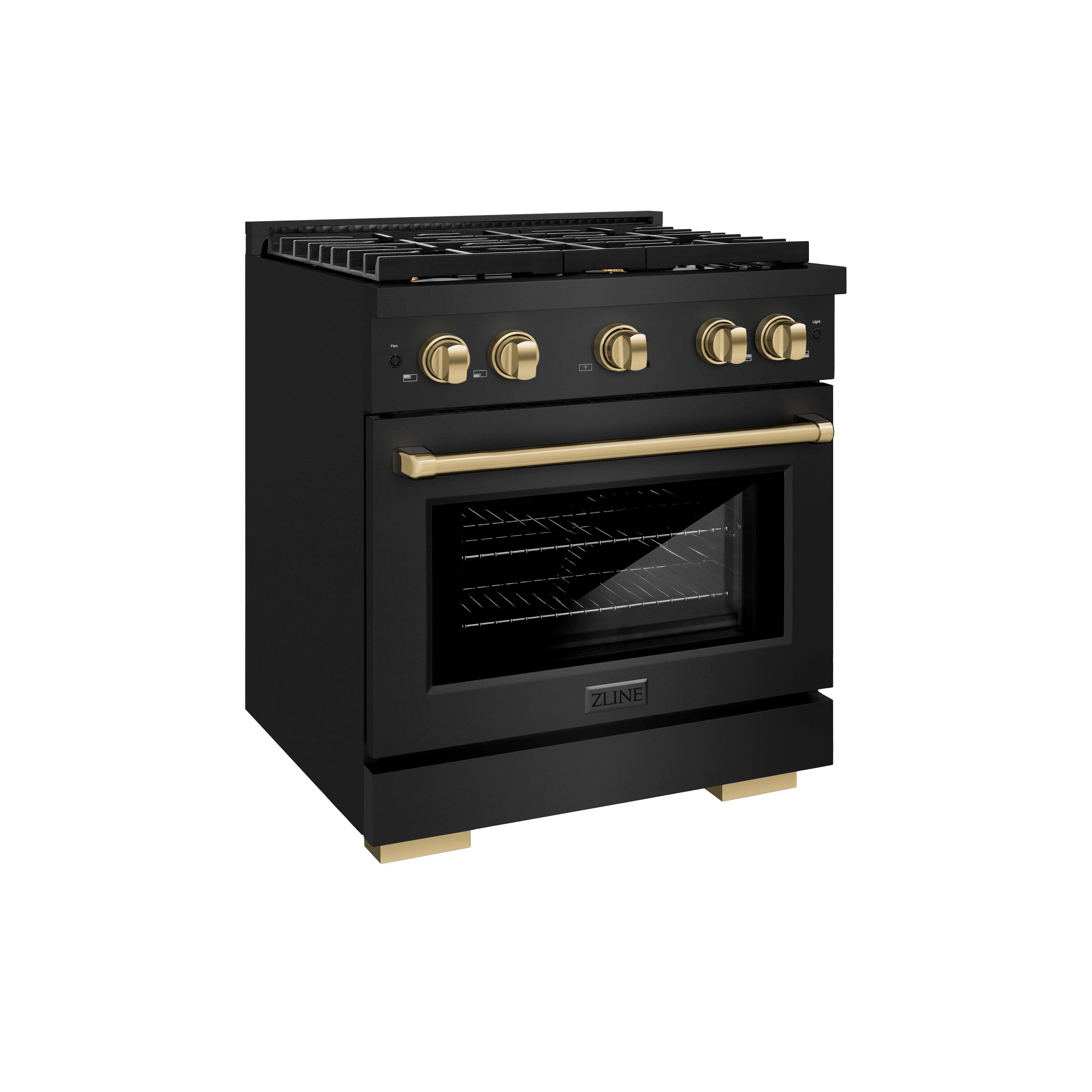 Black gas range with champagne bronze door frame accents and front control knobs