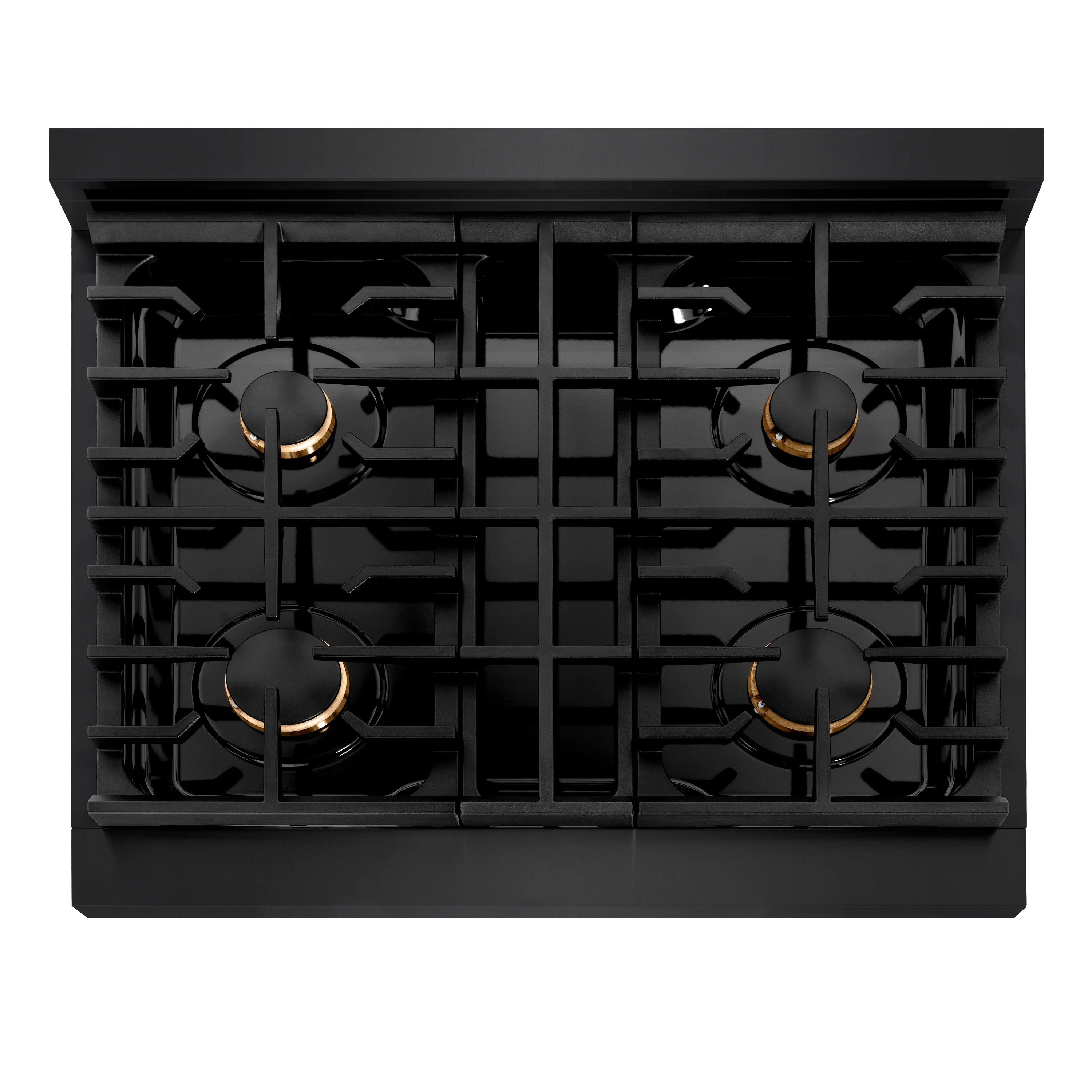 Black range hood underside with filter baffles and champagne bronze highlights