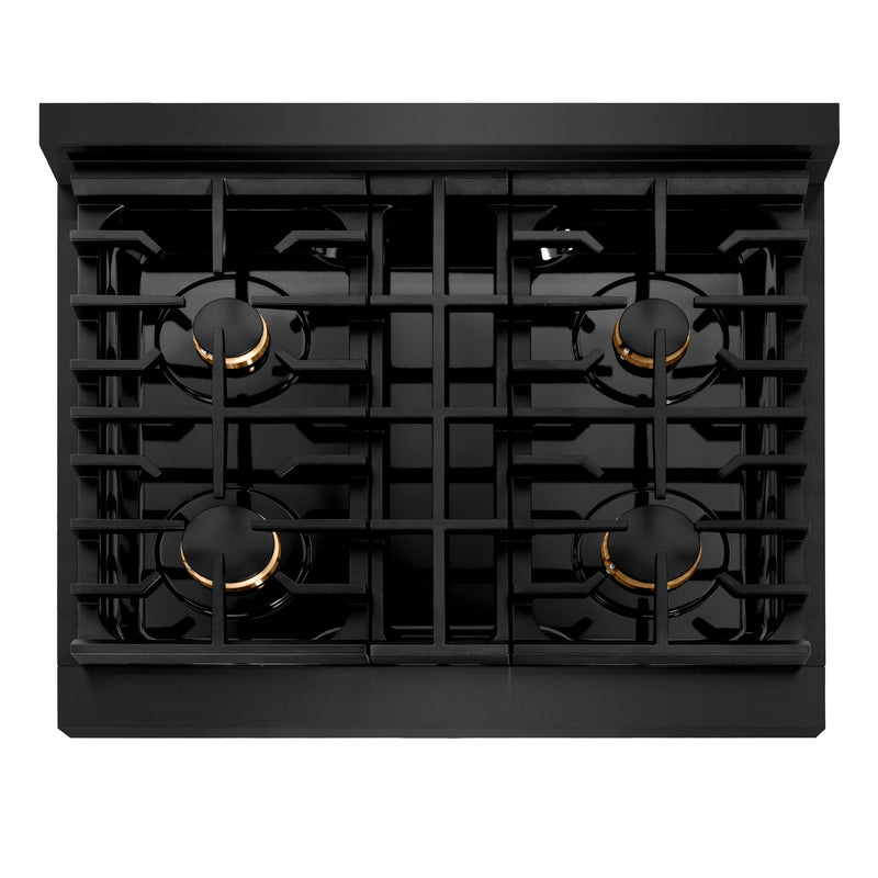 ZLINE Autograph Edition 2-Piece Appliance Package - 30-Inch Gas Range & Wall Mounted Range Hood in Black Stainless Steel with Champagne Bronze Trim (2AKP-RGBRH30-CB)