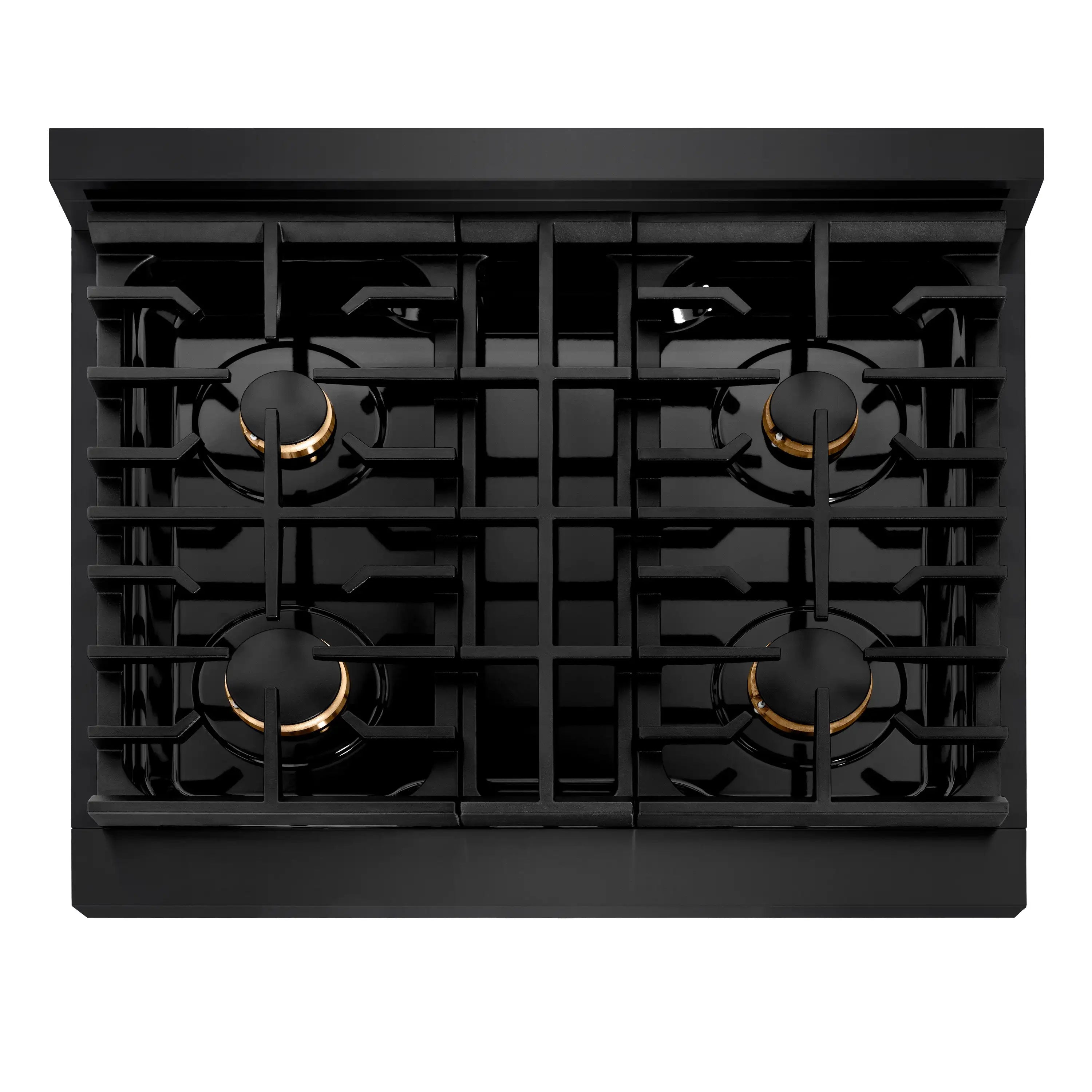 Black gas cooktop with multiple burners and gold control knobs, grate covers installed