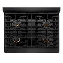 ZLINE 4-Piece Appliance Package - 30-Inch Paramount Gas Range, Wall Mount Range Hood, 36-Inch French Door Refrigerator with Water Dispenser, Dishwasher, in Black Stainless Steel with Champagne Bronze Accents