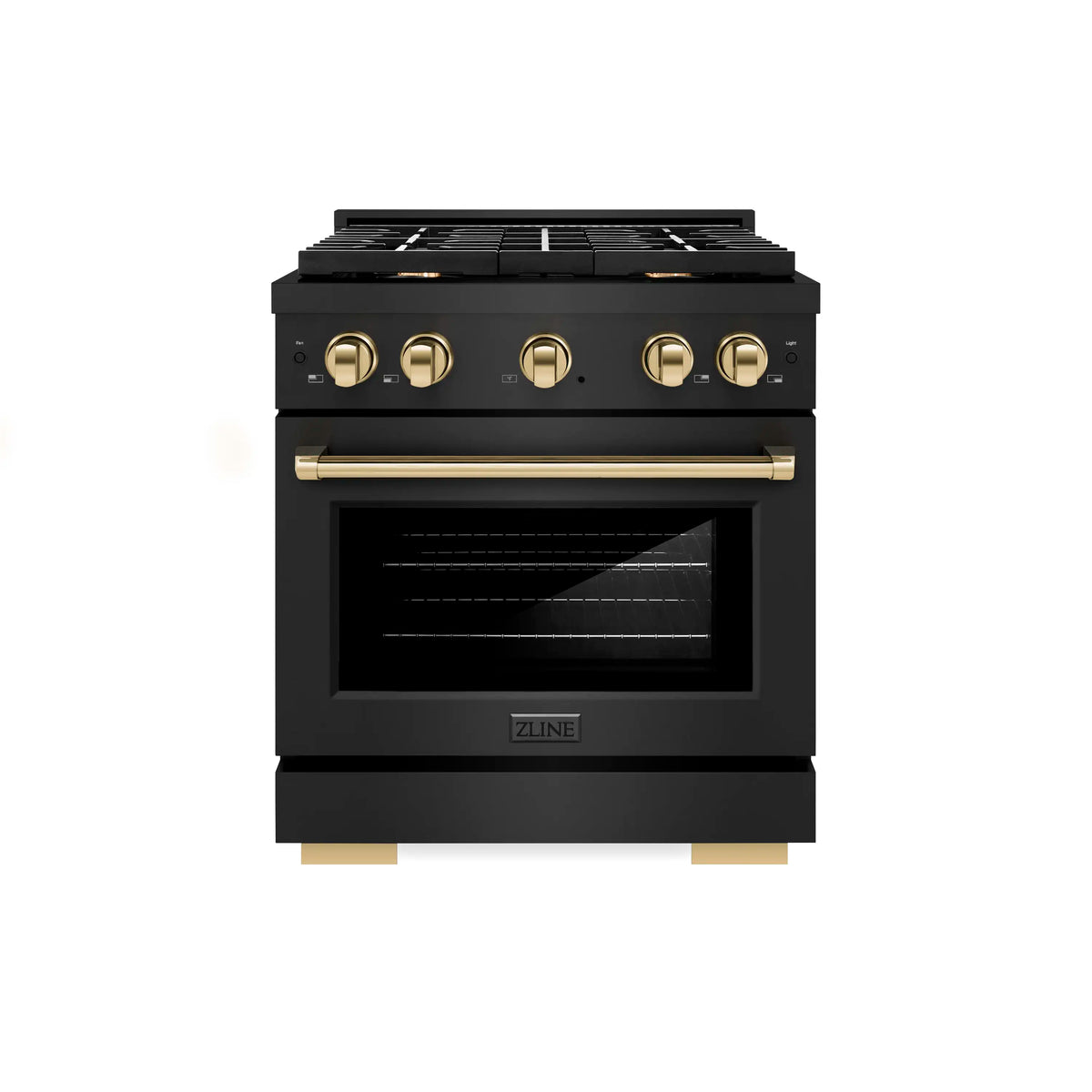 Black gas range with gold trim on handle and control panel, oven door closed
