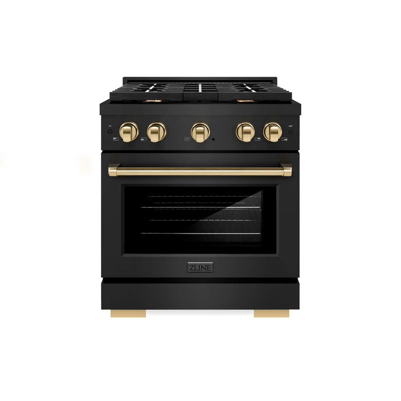 ZLINE Autograph Edition 30-Inch Gas Range with 4 Gas Burners and 4.2 cu. ft. Convection Gas Oven in Black Stainless Steel and Polished Gold Accents (SGRBZ-30-G)