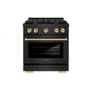 ZLINE 5-Piece Appliance Package - 30-Inch Paramount Gas Range, Wall Mount Range Hood, 36-Inch French Door Refrigerator, Dishwasher, and 30-Inch Microwave Drawer in Black Stainless Steel with Gold Accents