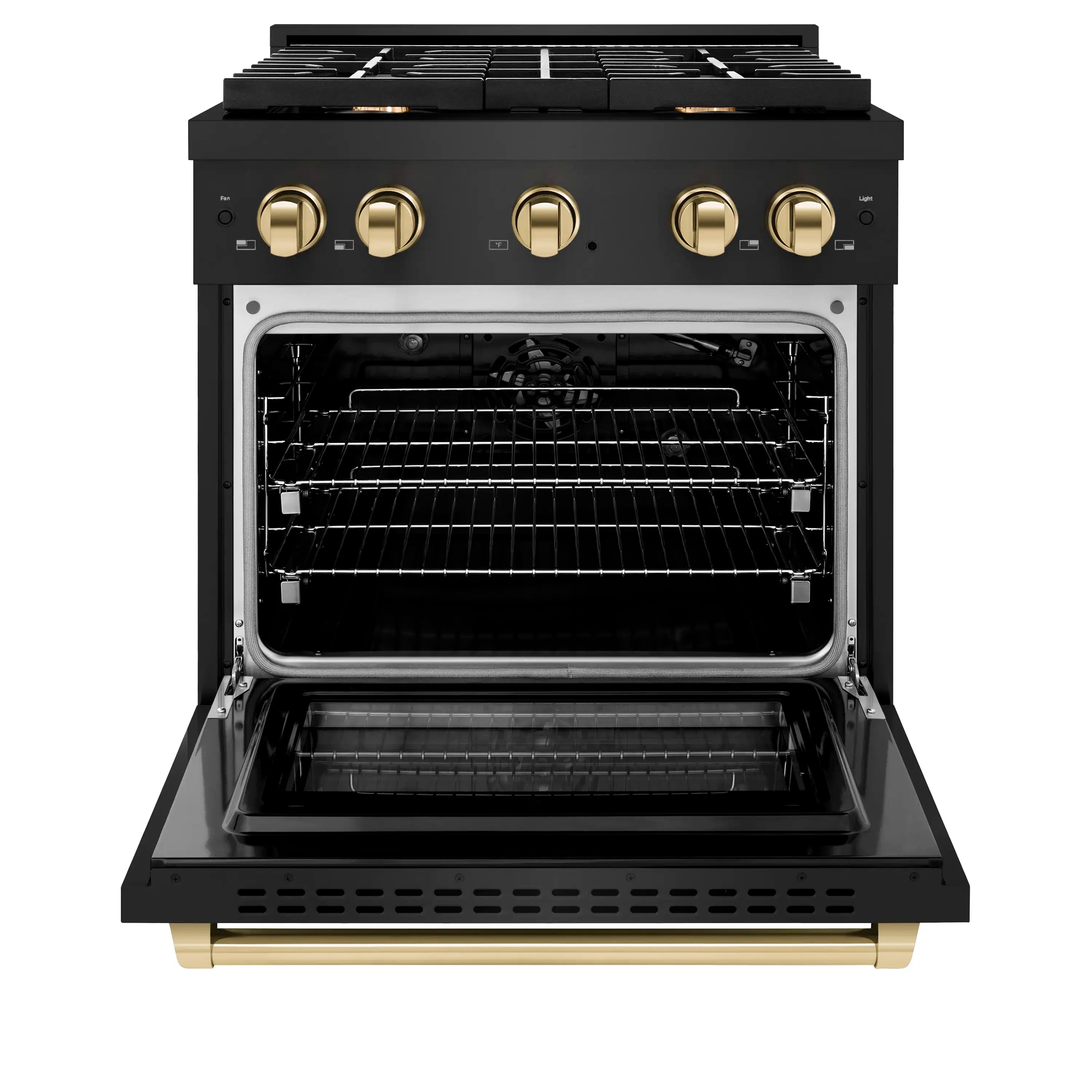 Black convection oven door open with oven racks and internal bake burner area